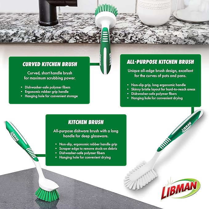 Libman Green & White Cleaning Brush Kit, 3-Piece Set, All-Purpose Brushes for Kitchen, Basins, Sinks, Dishwashers - Image 5