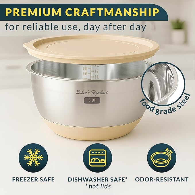 Baker's Signature Stainless Steel Mixing Bowls with Lids Set, 5 Sizes, 3 Graters, Non-Slip Base, Airtight Lids, Metal Mixing Bowls for Kitchen, Food Prep, Storage, 0.63QT-5QT, Khaki - Image 4