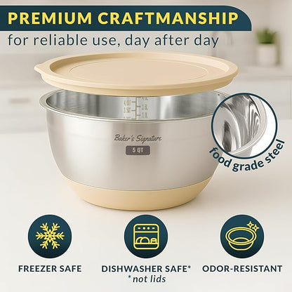 Baker's Signature Stainless Steel Mixing Bowls with Lids Set, 5 Sizes, 3 Graters, Non-Slip Base, Airtight Lids, Metal Mixing Bowls for Kitchen, Food Prep, Storage, 0.63QT-5QT, Khaki - Image 4