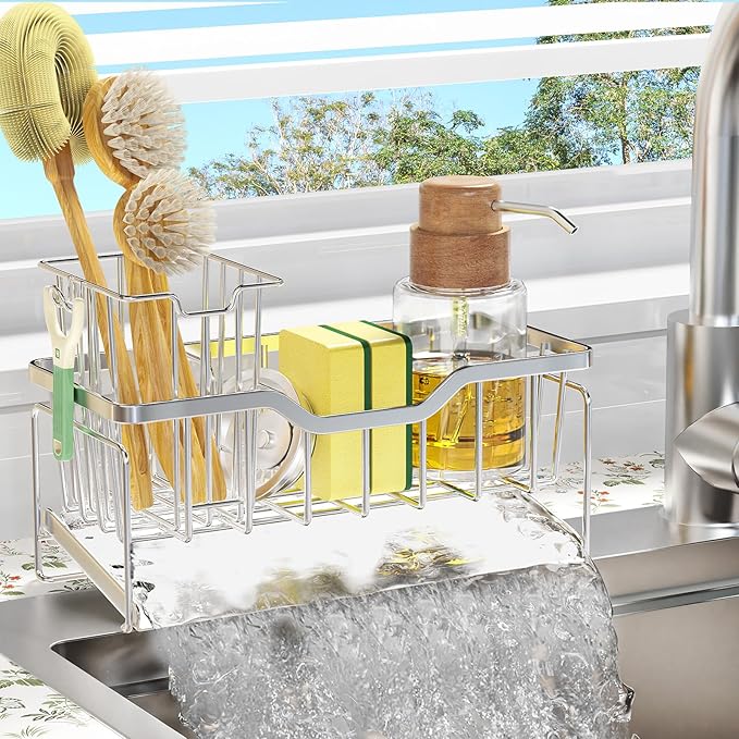 StorageRight Kitchen Sink Caddy Organizer, Rustproof Sponge Holder for Kitchen Sink, Instant Dry High Brush Holders with Drain Tray, Anti-Slip Sink Storage Organization Essentials, Silver by StorageRight