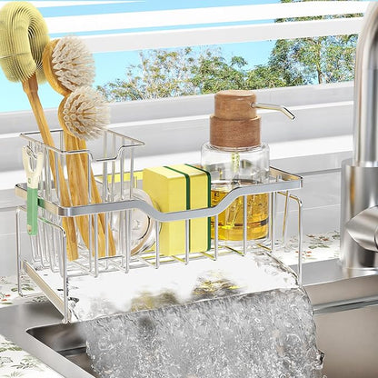 StorageRight Kitchen Sink Caddy Organizer, Rustproof Sponge Holder for Kitchen Sink, Instant Dry High Brush Holders with Drain Tray, Anti-Slip Sink Storage Organization Essentials, Silver by StorageRight