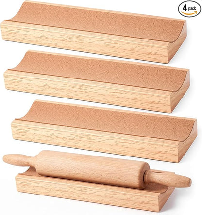 Sawysine 4 Pcs Wood Rolling Pin Holder Rolling Pin Stand Pizza Roller Holder Kitchen Display Rack For Dough Pastry Fondant Kitchen Storage