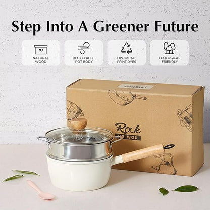 ROCKURWOK Ceramic Nonstick Sauce Pan, 3 QT Pot with Steamer, Non Toxic & PFAS-Free, Wooden Handle for Cool Touch, Universal Base(Gas, Electric & Induction), White - Image 8