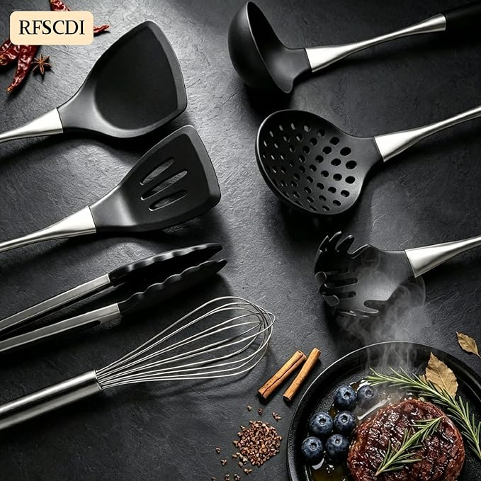 Premium Black Silicone Cooking Utensils Set - Non-Toxic, Heat Resistant& Non-Stick Kitchen Utensils Set with Spatula, Spoon, Whisk, Tongs, BPA Free, Dishwasher Safe, Black - Image 2