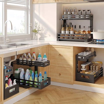 2-Pack 17"Deep Under Sink Organizer And Storage, 2-Tier L-Shaped Pull Out Cabinet Organizer with Upgraded Slide Rails, Height Adjustable Drawers for Kitchen&Bathroom, Extra-Large Storage Shelves–Black - Image 7