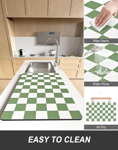 Rnivvi Dish Drying Mat for Kitchen Counter, XL 15 x 24" Cute Checkered Absorbent Draining Pad, Non-Slip Heat Resistant Coffee Bar Mat for Coffee Machine Station Accessories, Green White Dish Rack Pad - Image 6