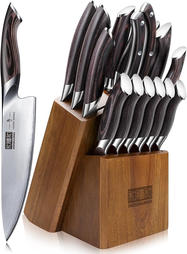 HOSHANHO 16-Piece Knife Set, Japanese High Carbon Stainless Steel Kitchen Knife Set, Ultra Sharp Chef Knife Block Set with Sharpener by HOSHANHO
