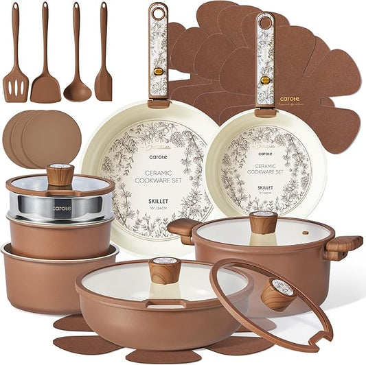 CAROTE 25-Piece Ceramic Cookware Set, Nonstick Pots and Pans Set with Detachable Handle, Non-Toxic Kitchen Cooking Set, Dishwasher & Oven Safe, Induction Compatible, PFAS Free, Chocolate by CAROTE