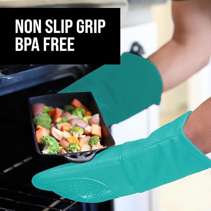BPA-Free Soft Silicone Oven Mitts - Ultra Heat Resistant Oven Mitts with Thick Cotton Liner - Long Slip Resistant Pot Holders, Flexible Oven Gloves - Turquoise 13.7" - Image 5