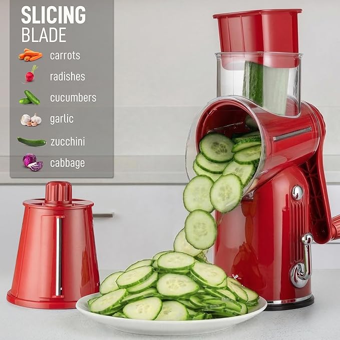Zulay Kitchen Rotary Cheese Grater 5 Blade Cheese Shredder - Manual Hand Crank Cheese Grater With Reinforced Suction & 5 Interchangeable Drums - Easy to Use, Vegetable Chopper Round Mandoline Slicer - Image 5