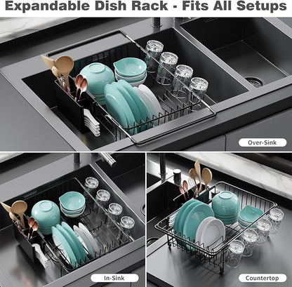 Dish Drying Rack in Sink: Expandable, 3-Slot Utensil Holder, Anti-Slip Handle. Small Dish Rack: Ideal for Small Households. Kitchen Drying Rack: Black