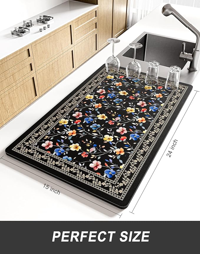 Rnivvi Dish Drying Mat for Kitchen Counter, XL 15 x 24" Cute Flower Theme Super Absorbent Drainer Pad, Non-Slip Heat Resistant Coffee Bar Mat for Coffee Machine Station Accessories,Retro Dish Rack Pad - Image 2