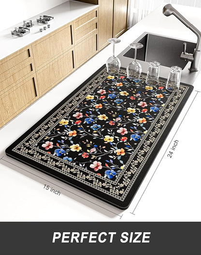 Rnivvi Dish Drying Mat for Kitchen Counter, XL 15 x 24" Cute Flower Theme Super Absorbent Drainer Pad, Non-Slip Heat Resistant Coffee Bar Mat for Coffee Machine Station Accessories,Retro Dish Rack Pad - Image 2