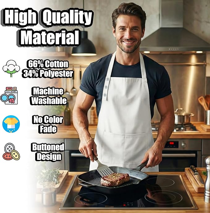 TOSHE Kitchen Apron Waterdrop Resistant Cotton Apron with adjustable Aprons for Women with Pockets 10 Color option Cooking White Apron(White) - Image 3