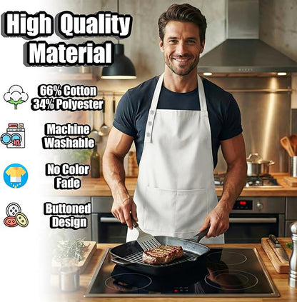 TOSHE Kitchen Apron Waterdrop Resistant Cotton Apron with adjustable Aprons for Women with Pockets 10 Color option Cooking White Apron(White) - Image 3