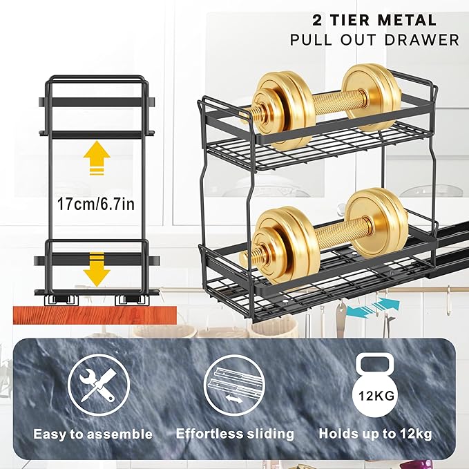 Pull Out Spice Rack Organizer for Inside Kitchen Cabinets, Heavy Duty Slide Out Seasoning Kitchen Organizer, 2 Tier Vertical Sliding Seasoning Organizer, 10.5" D x 5.1" W x 9.6" H -2 Pack (2)