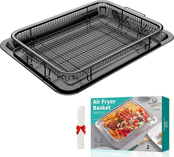 Air Fryer Basket for Oven, OPENICE 15.3" x 11.0" Air Fryer Tray and Pan Set with 30PCS Parchment Papers, Stainless Steel Oven Air Fryer Basket and Tray for Baking Grilling - Black