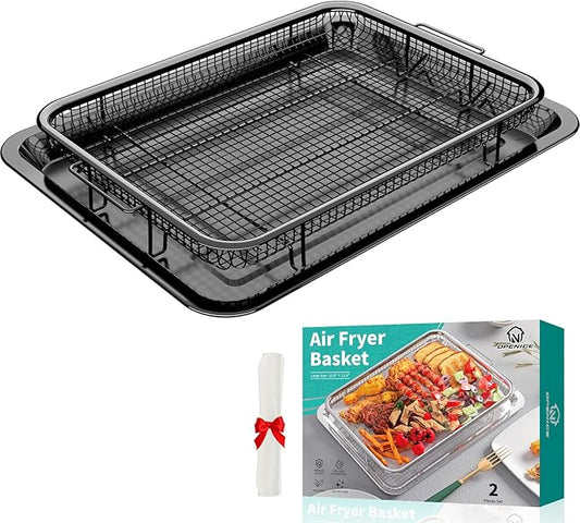 Air Fryer Basket for Oven, OPENICE 15.3" x 11.0" Air Fryer Tray and Pan Set with 30PCS Parchment Papers, Stainless Steel Oven Air Fryer Basket and Tray for Baking Grilling - Black