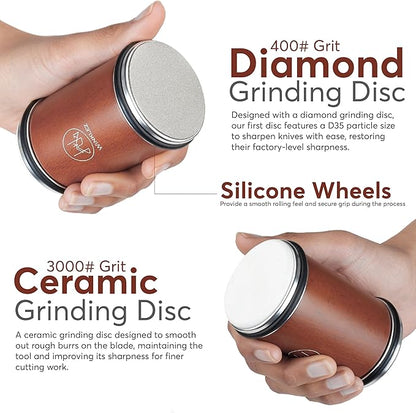 Rolling Knife Sharpener with Diamond and Ceramic Discs, Kitchen Knife Sharpener with 15° & 20° Magnetic Angles, Strong Knife Sharpening Kit (Brown) - Image 2