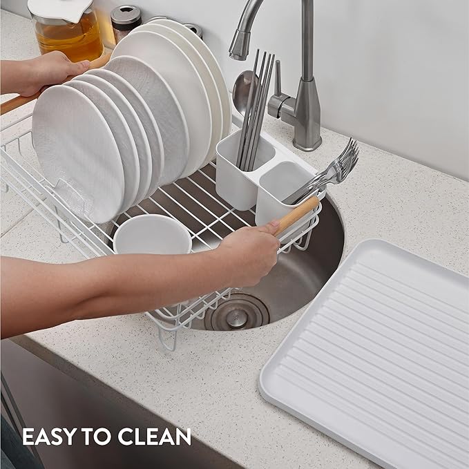 Navaris Dish Drainer Rack - Plate, Silverware, Pots and Pans - Dish Rack with Beechwood Handles - Metal Dish Drying Rack for Kitchen Counter - Modern Retro Design Dish Rack - White - Image 5