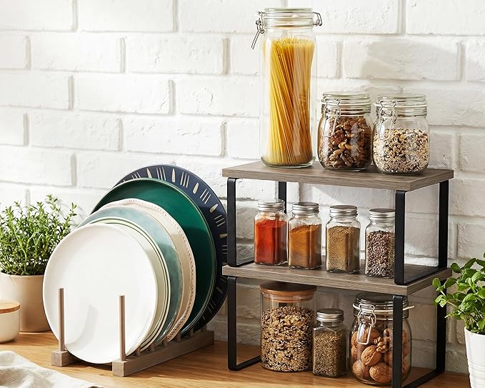 Marsui 4 Pcs Kitchen Organizer Accessories Set Cabinet Organizer Shelf and Bamboo Dish Drying Plate Rack Counter Shelves Storage Holder for Spice Rack, Dish, Pot Lid, Bowl, Cup (Gray) - Image 4