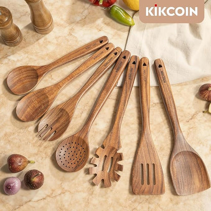 Kikcoin 7 PCS Durable Natural Teak Wooden Cooking Utensils Set, Non Toxic Wooden Spoons for Cooking, Wooden Utensil Set for Cooking with Comfort Grip, Nonstick & Easy to Clean Wood Kitchen Utensil Set - Image 8