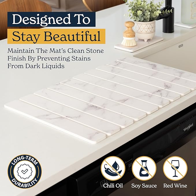Oleex 3-Pack Stone Dish Drying Mat Set Includes 1 Large 24”x16” & 2 Small 4”x9” for Kitchen Counter-Collapsible Diatomaceous Earth Pad Absorbs Water & Dries Dishes Fast, Non-slip, Odor-Resistant Mats - Image 7