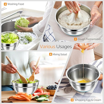 HaWare Mixing Bowls, 24-Piece Stainless Steel Salad Serving Bowl with Airtight Clear Lids, Metal Nesting Bowl For Kitchen Cooking Prepping Storing with 3 Graters, 4.6/2.6/1.5/1/0.7 QT, Teal Blue