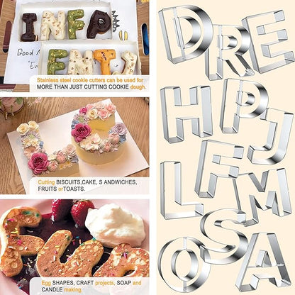 Letter Cookie Cutters Shapes Large 3 Inch - 26 Pcs Stainless Steel Alphabet Letter Cookie Cutter Set Fondant Biscuit Fruit Dough Mold Tools for Sandwich, Birthday, Christmas, and Holiday Party