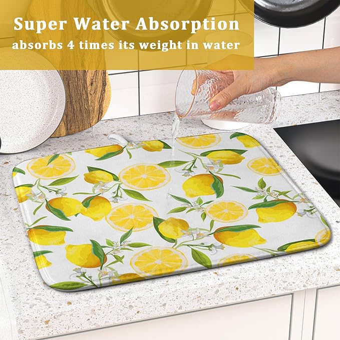 Lemon Dish Drying Mat for Kitchen Counter Spring Summer Microfiber Absorbent Dish Draining Reusable Washable Foldable 16"x18" - Image 7