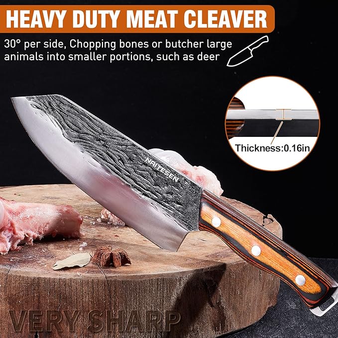 Naitesen 4PCS Hand Forged Butcher Knife and Kitchen Knife 2 in 1 Set, Heavy Duty Meat Cleaver Serbian Chef Knife Breaking Knife Boning Knife for Meat Cutting BBQ Gifts for Men Women - Image 2