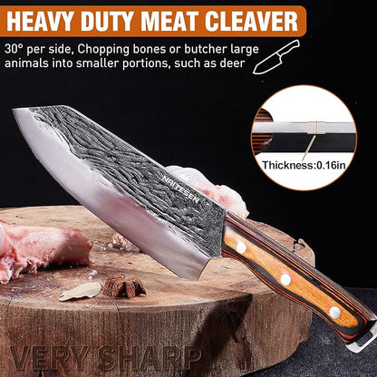Naitesen 4PCS Hand Forged Butcher Knife and Kitchen Knife 2 in 1 Set, Heavy Duty Meat Cleaver Serbian Chef Knife Breaking Knife Boning Knife for Meat Cutting BBQ Gifts for Men Women - Image 2