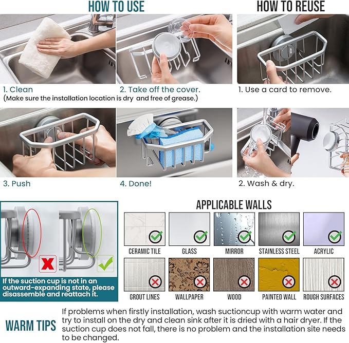 TAILI Sink Caddy with Strong Suction Cup, Sponge Holder for Kitchen Sink Organizer, Removable Sponge Caddy Inside Sink, Rustproof Aluminum Holder for Sponges, Brushes - Silver - Image 7