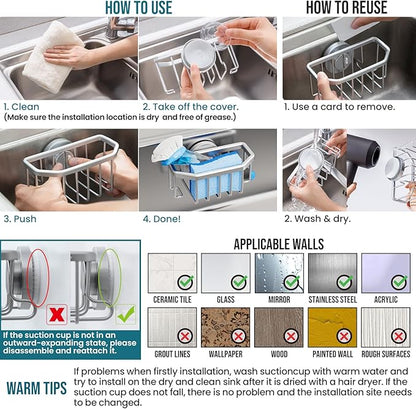TAILI Sink Caddy with Strong Suction Cup, Sponge Holder for Kitchen Sink Organizer, Removable Sponge Caddy Inside Sink, Rustproof Aluminum Holder for Sponges, Brushes - Silver - Image 7