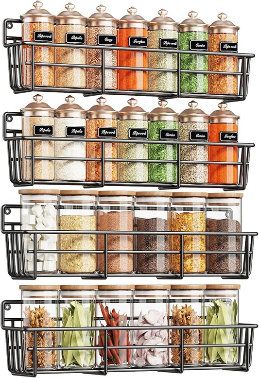 Mystozer Spice Rack Organizer Wall Mount, Hanging Spice Pantry Storage Shelf Organization, 4 Pack Space Saving Seasoning Organizer for Kitchen Cabinet, Door or Bathroom, Black by Mystozer