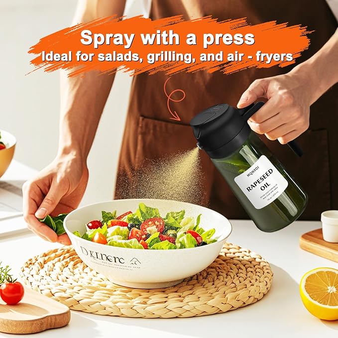 mqnxoi 2 in 1 Glass Oil Sprayer & Dispenser,16oz/470ml Olive Cooking, Air Fryer, and Salad, for Kitchen Gadgets and Air Fryer Accessories, w/Stickers (Black + Dark Green Bottle 2) - Image 6