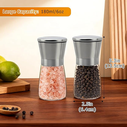 R DRURLCD Short Silver Premium Stainless Steel Salt and Pepper Grinder Set of 2，Adjustable Ceramic Mill - Manual Grinder for Salt, Pepper [No Spices Included]
