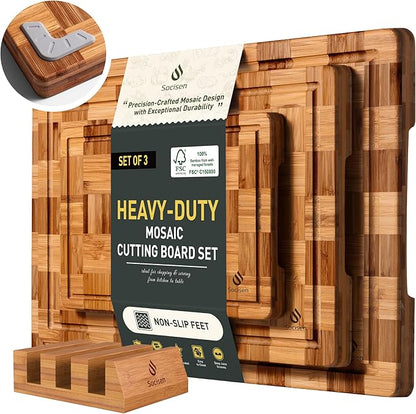 3 Pack Heavy Duty Bamboo Cutting Board Set Non Toxic Wooden Cutting Board for Kitchen Non Slip Solid End Grain Thick Wood Juice Groove Chopping Board Extra Large Butcher Block Best House Warming Gift by Socisen