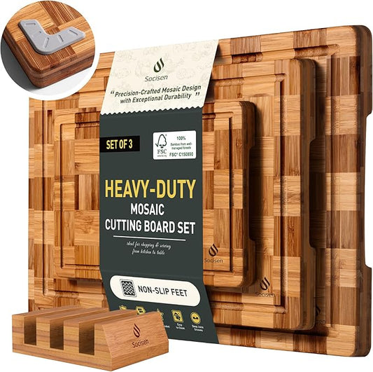 3 Pack Heavy Duty Bamboo Cutting Board Set Non Toxic Wooden Cutting Board for Kitchen Non Slip Solid End Grain Thick Wood Juice Groove Chopping Board Extra Large Butcher Block Best House Warming Gift by Socisen