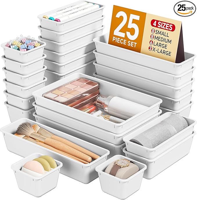 KEMETHY 25 PCS Plastic Drawer Organizers Set, 4 Sizes Vanity Organizer, Makeup and Desk Drawer Organizer Trays, Organization and Storage for Makeup, Bathroom, Kitchen Utensils and Office (White) by KEMETHYFocusesonCreatingEfficientStorageProductswithQualityMaterials