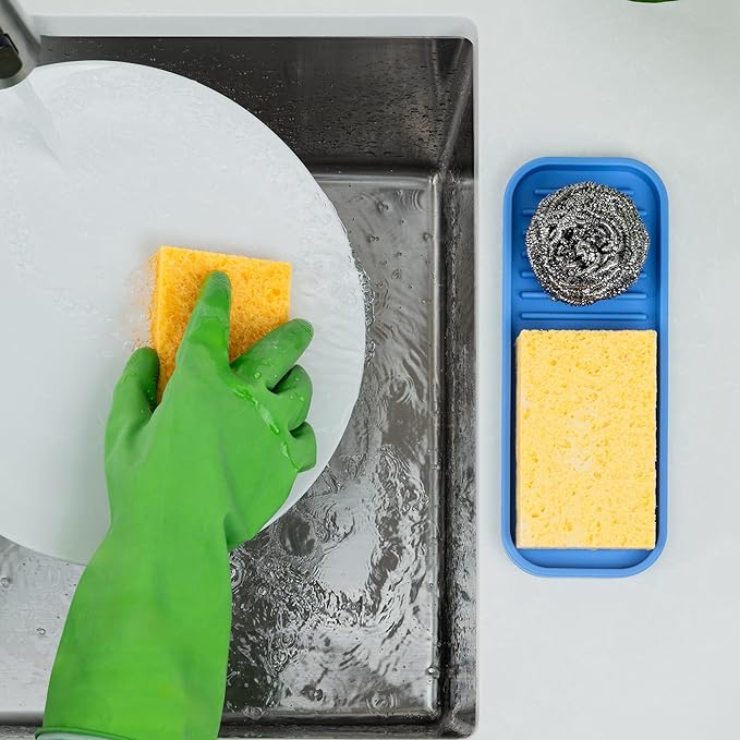 Zulay Kitchen (9x3.5) Silicone Sponge Holder for Kitchen Sink - Flexible Multipurpose Soap Tray Sponge Holder - Sink Organizer Tray for, Bathroom, Makeup, Trinkets & More (Provence Blue) - Image 3