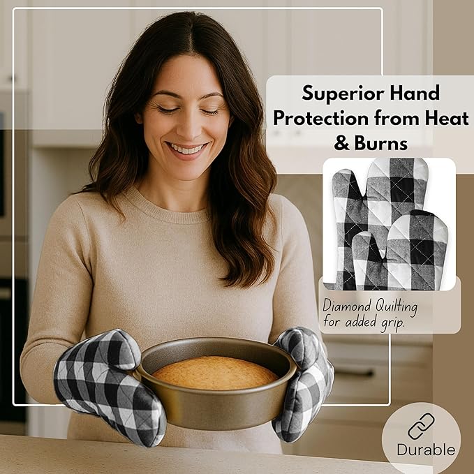 Native Fab Buffalo Plaid Check Oven Mitts and Pot Holders Set of 4, 100% Cotton Heat Resistant Kitchen Gloves, 2 Oven Mitts (7x13), 2 Pot Holders (8x8) for Cooking & Baking, Black White - Image 2