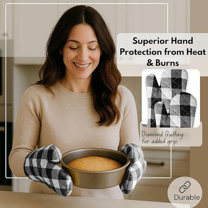 Native Fab Buffalo Plaid Check Oven Mitts and Pot Holders Set of 4, 100% Cotton Heat Resistant Kitchen Gloves, 2 Oven Mitts (7x13), 2 Pot Holders (8x8) for Cooking & Baking, Black White - Image 2