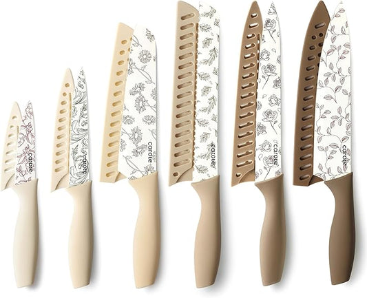 CAROTE 12PCS Knife Set, Kitchen Knife Set with 6 Blade Guards, Stainless Steel Knives Set With Nonstick Ceramic Coating, Rustproof, Delicate Floral Designs, White by CAROTE