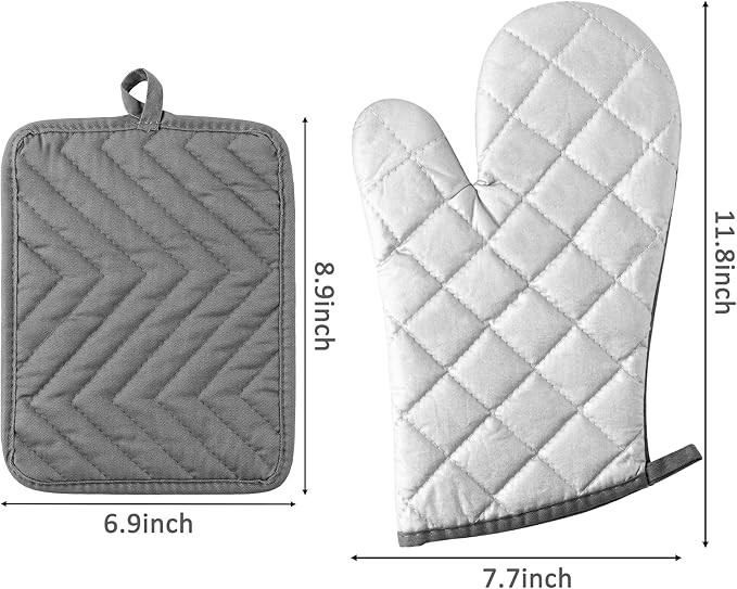 GROBRO7 6Pcs Cotton Oven Mitts and Pot Holders Set Durable Hot Pads Machine Washable BBQ Gloves Heat Resistant Pocket Pot Holder with Hanging Loop for Safe Kitchen Baking Cooking Grilling Grey - Image 2