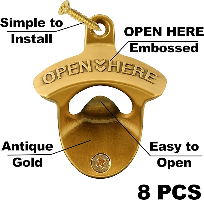 8 Packs Bulk Beer Opener Wall Mounted Vintage Gold Bottle Cap Opener for Gargae Kitchen Bar - Image 2