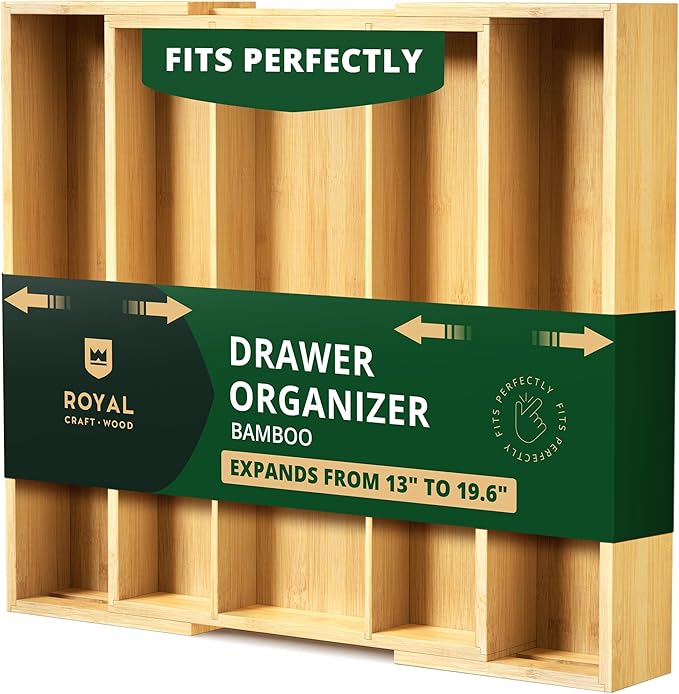 ROYAL CRAFT WOOD Luxury Bamboo Kitchen Drawer Organizer - Silverware Organizer - Utensil Holder and Cutlery Tray with Grooved Drawer Dividers for Flatware and Kitchen Utensils (5 Slot, Natural) by RoyalCraftWood