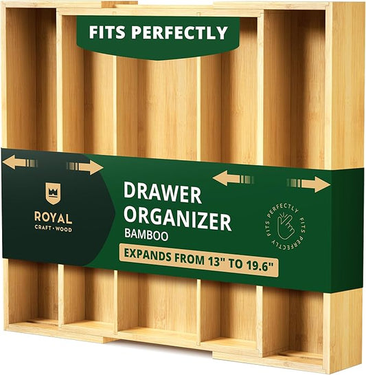ROYAL CRAFT WOOD Luxury Bamboo Kitchen Drawer Organizer - Silverware Organizer - Utensil Holder and Cutlery Tray with Grooved Drawer Dividers for Flatware and Kitchen Utensils (5 Slot, Natural) by RoyalCraftWood
