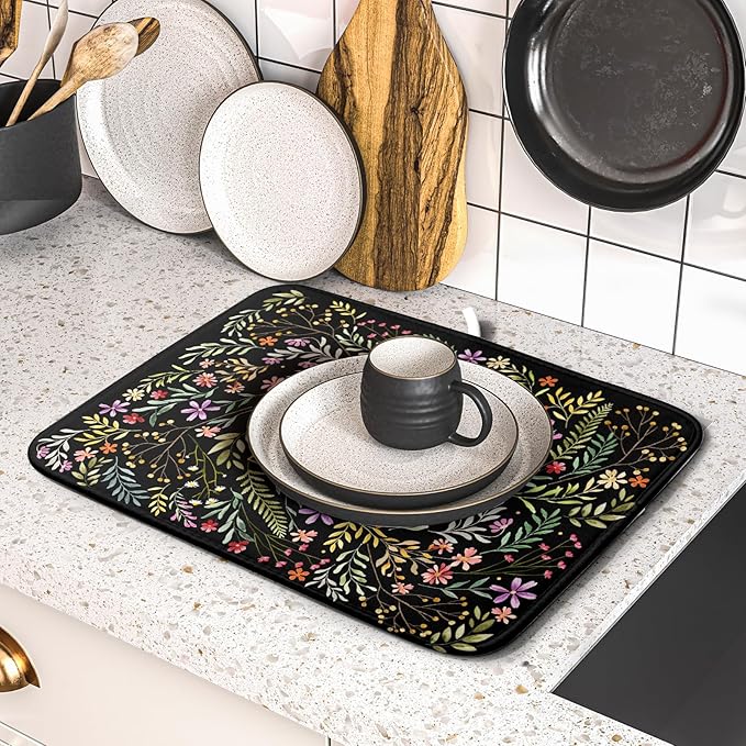 Absorbent Dish Drying Mat Colorful Flowers Microfiber Pad for Kitchen Counter Coffee Bar Decor 16" X 18" - Image 5