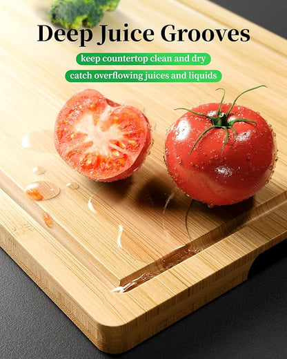 Kitchen Cutting Board Set - 3-Piece Wooden Cutting Boards for Kitchen with Juice Groove, Handles, Hang Holes, Stylish Kitchen Essentials for Chpping & Serving, Natural, 0.4"Th - (L+M+S) - Image 8